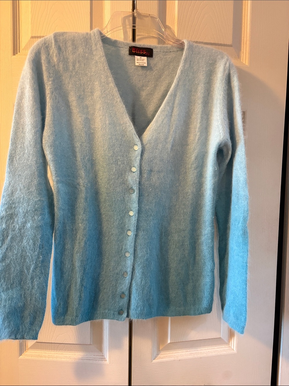Light Blue Angora V-Neck Button Front Women's Sweater